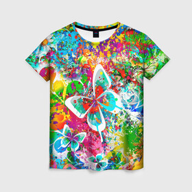 Женская футболка 3D с принтом ЯРКИЕ КРАСКИ , 100% полиэфир ( синтетическое хлопкоподобное полотно) | прямой крой, круглый вырез горловины, длина до линии бедер | butterfly | color | flower | rainbow | summer | бабочки | брызги | краски | лето | радуга | цвета | цветы