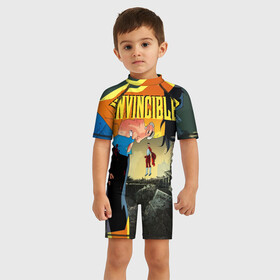 Детский купальный костюм 3D с принтом INVINCIBLE , Полиэстер 85%, Спандекс 15% | застежка на молнии на спине | allen | invincible | omni man | omniman | superhero | алиен | аллен | инвинсибл | неуязвимый | омнимэн | супергерои