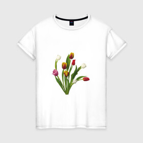 Женская футболка хлопок с принтом Букет разноцветных тюльпанов , 100% хлопок | прямой крой, круглый вырез горловины, длина до линии бедер, слегка спущенное плечо | букет | иллюстрации | лето | популярные | тренды | тюльпаны | цветы