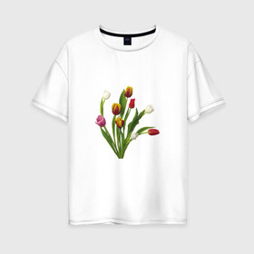 Женская футболка хлопок Oversize с принтом Букет разноцветных тюльпанов , 100% хлопок | свободный крой, круглый ворот, спущенный рукав, длина до линии бедер
 | букет | иллюстрации | лето | популярные | тренды | тюльпаны | цветы