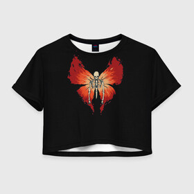 Женская футболка Crop-top 3D с принтом Butterfly Skeleton , 100% полиэстер | круглая горловина, длина футболки до линии талии, рукава с отворотами | bones | butterfly | chitin | fire | flame | orange | red | ribs | ridge | skeleton | skull | wings | бабочка | кости | красный | крылья | огонь | оранжевый | пламя | ребра | скелет | хитин | хребет | череп