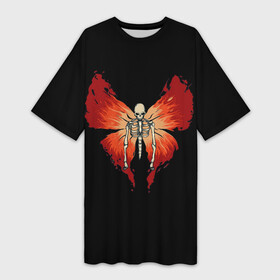Платье-футболка 3D с принтом Butterfly Skeleton ,  |  | bones | butterfly | chitin | fire | flame | orange | red | ribs | ridge | skeleton | skull | wings | бабочка | кости | красный | крылья | огонь | оранжевый | пламя | ребра | скелет | хитин | хребет | череп