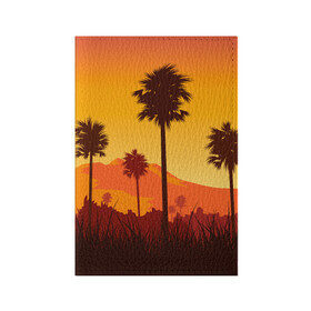 Обложка для паспорта матовая кожа с принтом Лето, Пальмы, вечер , натуральная матовая кожа | размер 19,3 х 13,7 см; прозрачные пластиковые крепления | Тематика изображения на принте: palm | summer | tropical | вечер | гора | жара | летние | лето | пальмы | тропики | тропический