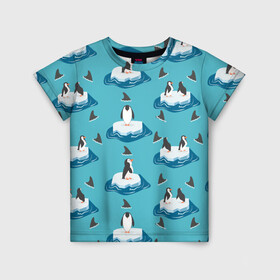 Детская футболка 3D с принтом Пингвины , 100% гипоаллергенный полиэфир | прямой крой, круглый вырез горловины, длина до линии бедер, чуть спущенное плечо, ткань немного тянется | море | морские | океан | пингвин | пингвинчик | пингвины | плавники акул