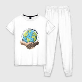 Женская пижама хлопок с принтом Мир и Любовь , 100% хлопок | брюки и футболка прямого кроя, без карманов, на брюках мягкая резинка на поясе и по низу штанин | love | peace | world | дружба | земля
