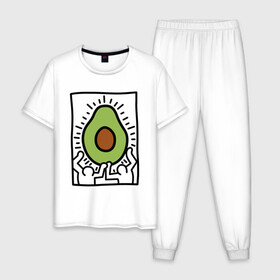 Мужская пижама хлопок с принтом АВОКАДО АРТ , 100% хлопок | брюки и футболка прямого кроя, без карманов, на брюках мягкая резинка на поясе и по низу штанин
 | Тематика изображения на принте: avocado | авокадо | арт | минимализм | простота | человечки