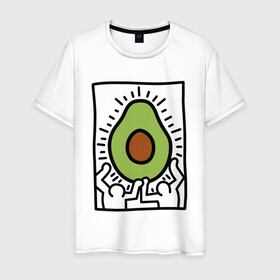 Мужская футболка хлопок с принтом АВОКАДО АРТ , 100% хлопок | прямой крой, круглый вырез горловины, длина до линии бедер, слегка спущенное плечо. | Тематика изображения на принте: avocado | авокадо | арт | минимализм | простота | человечки