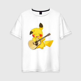 Женская футболка хлопок Oversize с принтом Пикачу с гитарой , 100% хлопок | свободный крой, круглый ворот, спущенный рукав, длина до линии бедер
 | anime | picachu | pikachu | аниме | милый | пика | пикачу | покебол | покемон