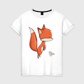 Женская футболка хлопок с принтом Лисичка и птичка , 100% хлопок | прямой крой, круглый вырез горловины, длина до линии бедер, слегка спущенное плечо | fox | foxy | животное | звери | лиса | лисенок | лисичка | милая | рыжая | фокс