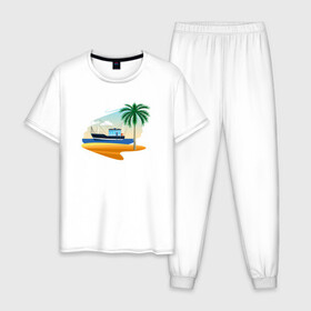 Мужская пижама хлопок с принтом Яхта и пляж , 100% хлопок | брюки и футболка прямого кроя, без карманов, на брюках мягкая резинка на поясе и по низу штанин
 | Тематика изображения на принте: корабль | море | морское | пальма | пляж | судно | яхта | яхты