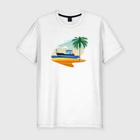 Мужская футболка хлопок Slim с принтом Яхта и пляж , 92% хлопок, 8% лайкра | приталенный силуэт, круглый вырез ворота, длина до линии бедра, короткий рукав | Тематика изображения на принте: корабль | море | морское | пальма | пляж | судно | яхта | яхты