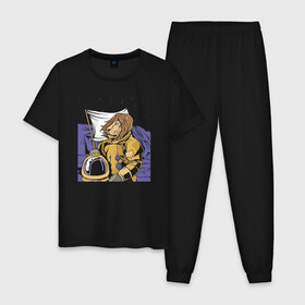 Мужская пижама хлопок с принтом Космический Лев Космонавт , 100% хлопок | брюки и футболка прямого кроя, без карманов, на брюках мягкая резинка на поясе и по низу штанин
 | Тематика изображения на принте: astronaut | cosmonaut | landscape | lev | lion | moon | space lion | астронавт на луне | большая киса | большая кошка | большие кошки | в космосе | гордый лев | грива | знак зодиака лев | зодиак | лев на луне | лев с гривой | лёва
