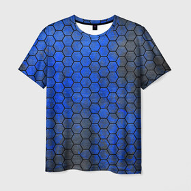 Мужская футболка 3D с принтом Синие Соты , 100% полиэфир | прямой крой, круглый вырез горловины, длина до линии бедер | hexagons | honeycombs | metal | соты | шестиугольники