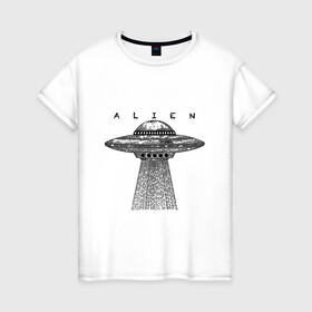 Женская футболка хлопок с принтом Alien , 100% хлопок | прямой крой, круглый вырез горловины, длина до линии бедер, слегка спущенное плечо | гравюра | графика | инопланетный корабль | космический корабль | космос | летающая тарелка | пришельцы | чёрно белый