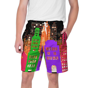 Мужские шорты 3D с принтом Ночной Город ,  полиэстер 100% | прямой крой, два кармана без застежек по бокам. Мягкая трикотажная резинка на поясе, внутри которой широкие завязки. Длина чуть выше колен | Тематика изображения на принте: city | город | дома | неон | ночь