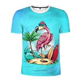 Мужская футболка 3D спортивная с принтом Розовый фламинго , 100% полиэстер с улучшенными характеристиками | приталенный силуэт, круглая горловина, широкие плечи, сужается к линии бедра | Тематика изображения на принте: арт | графика | лето | море | остров | пальма | птица | фламинго