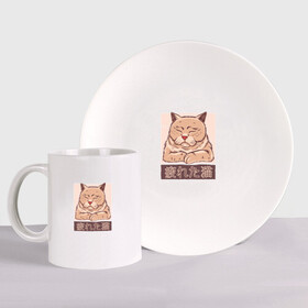 Набор: тарелка + кружка с принтом Мудрый китайский кот , керамика | Кружка: объем — 330 мл, диаметр — 80 мм. Принт наносится на бока кружки, можно сделать два разных изображения. 
Тарелка: диаметр - 210 мм, диаметр для нанесения принта - 120 мм. | cat merch | china | chineese cat | kanji | kitten | kitty | tired cat | wise cat | животные | кандзи | киса | китайская надпись | китайские буквы | китайские иероглифы | кот штош | котёнок | котик | коты мерч | кошка | уставший кот