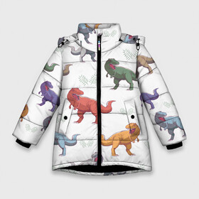 Зимняя куртка для девочек 3D с принтом Разноцветные тираннозавры  , ткань верха — 100% полиэстер; подклад — 100% полиэстер, утеплитель — 100% полиэстер. | длина ниже бедра, удлиненная спинка, воротник стойка и отстегивающийся капюшон. Есть боковые карманы с листочкой на кнопках, утяжки по низу изделия и внутренний карман на молнии. 

Предусмотрены светоотражающий принт на спинке, радужный светоотражающий элемент на пуллере молнии и на резинке для утяжки. | art | dino | dinosaur | dinosaurus | pattern | t rex | t rex merch | арт | детский рисунок | динозавр | динозавр мерч | динозаврики | иллюстрация | паттерн | рекс | рисунок динозавра | страшные динозавры | т рекс | тираннозавр