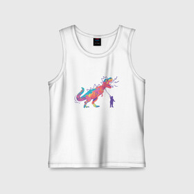 Детская майка хлопок с принтом Динозавр на поводке ,  |  | art | dino | dinosaur | dinosaurus | neon | roar | t rex | t rex merch | арт | детский рисунок | динозавр мерч | иллюстрация | неон | рекс | рисунок динозавра | рычащий динозавр | страшные динозавры | т рекс | тираннозавр