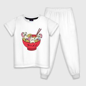 Детская пижама хлопок с принтом Единороги в Рамене Ramen Food , 100% хлопок |  брюки и футболка прямого кроя, без карманов, на брюках мягкая резинка на поясе и по низу штанин
 | anime | japan | japanese | kanji | manga | noodle | noodles | rainbow | soup | unicorn | unicorns | аниме | еда | единорог | иероглифы | кандзи | катакана | лапша | лапша быстрого приготовления | манга | миска рамена | палочки | радуга | рамен