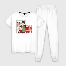 Женская пижама хлопок с принтом хоримия аниме , 100% хлопок | брюки и футболка прямого кроя, без карманов, на брюках мягкая резинка на поясе и по низу штанин | Тематика изображения на принте: anime | horimiya | kawaii | manga | shoujo | shoujomanga | аниме | манга | хоримия