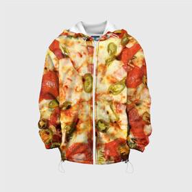 Детская куртка 3D с принтом Пицца , 100% полиэстер | застежка — молния, подол и капюшон оформлены резинкой с фиксаторами, по бокам — два кармана без застежек, один потайной карман на груди, плотность верхнего слоя — 90 г/м2; плотность флисового подклада — 260 г/м2 | Тематика изображения на принте: cheese | olives | pepperoni | pizza | пицца