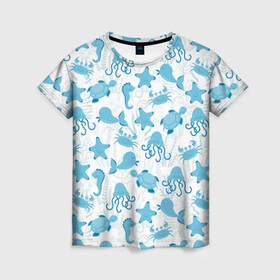 Женская футболка 3D с принтом Морские жители , 100% полиэфир ( синтетическое хлопкоподобное полотно) | прямой крой, круглый вырез горловины, длина до линии бедер | dolphin | дельфин | краб | море | морская звезда | морские | морской конек | осьминог | с дельфином | черепаха