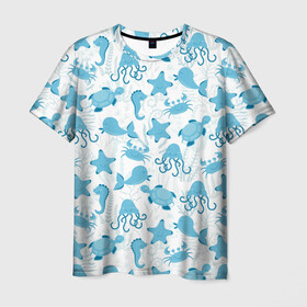 Мужская футболка 3D с принтом Морские жители , 100% полиэфир | прямой крой, круглый вырез горловины, длина до линии бедер | dolphin | дельфин | краб | море | морская звезда | морские | морской конек | осьминог | с дельфином | черепаха