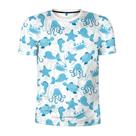 Мужская футболка 3D спортивная с принтом Морские жители , 100% полиэстер с улучшенными характеристиками | приталенный силуэт, круглая горловина, широкие плечи, сужается к линии бедра | dolphin | дельфин | краб | море | морская звезда | морские | морской конек | осьминог | с дельфином | черепаха