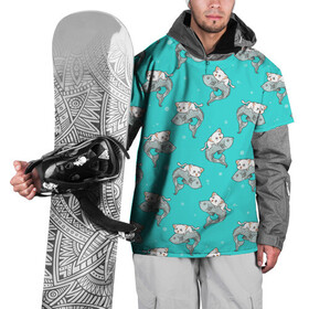 Накидка на куртку 3D с принтом Котики и рыбки , 100% полиэстер |  | Тематика изображения на принте: cat | fish | котики | коты | море | морские | на голубом | паттерн | рыба | рыбки | рыбы