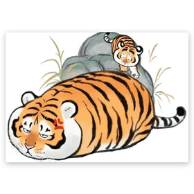 Поздравительная открытка с принтом Дикая семейка , 100% бумага | плотность бумаги 280 г/м2, матовая, на обратной стороне линовка и место для марки
 | арт | бамбук | камень | камни | рисунок | семья больших котиков | семья котиков | тигр | тигрёнок | тигриная семейка | тигриная семья | тигры