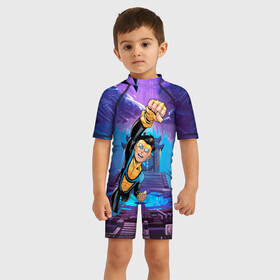 Детский купальный костюм 3D с принтом Марк Грэйсон Неуязвимый , Полиэстер 85%, Спандекс 15% | застежка на молнии на спине | damien darkblood | invincible | superman | марк грэйсон | мультсериал | неуязвимый | супергерой