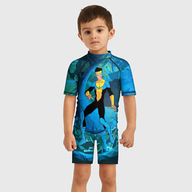Детский купальный костюм 3D с принтом Марк Грэйсон Неуязвимый , Полиэстер 85%, Спандекс 15% | застежка на молнии на спине | damien darkblood | invincible | superman | марк грэйсон | мультсериал | неуязвимый | супергерой