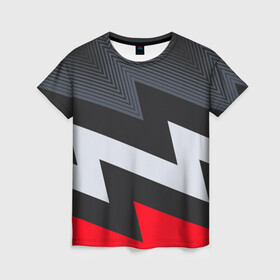 Женская футболка 3D с принтом Черно-красные зигзаги , 100% полиэфир ( синтетическое хлопкоподобное полотно) | прямой крой, круглый вырез горловины, длина до линии бедер | 3d | 3д | sport | абстракция | линии | паттерн | соты | спортивный стиль | текстуры