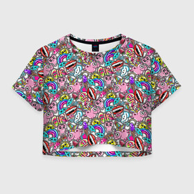 Женская футболка Crop-top 3D с принтом сумасшедший стикербомб , 100% полиэстер | круглая горловина, длина футболки до линии талии, рукава с отворотами | crazy | абстракция | наклейки | паттерн | стикеры | сумасшедший стикербомб | текстуры