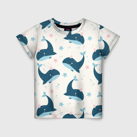 Детская футболка 3D с принтом Киты , 100% гипоаллергенный полиэфир | прямой крой, круглый вырез горловины, длина до линии бедер, чуть спущенное плечо, ткань немного тянется | Тематика изображения на принте: whale | белый кит | кит | киты | корабли | кораблики | маяк | морские | паттерн | синий кит | чайки