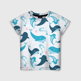 Детская футболка 3D с принтом Киты и тюлени , 100% гипоаллергенный полиэфир | прямой крой, круглый вырез горловины, длина до линии бедер, чуть спущенное плечо, ткань немного тянется | whale | белый кит | кит | киты | корабли | кораблики | маяк | морские | паттерн | синий кит | чайки