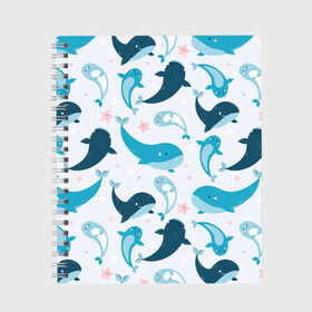 Тетрадь с принтом Киты и тюлени , 100% бумага | 48 листов, плотность листов — 60 г/м2, плотность картонной обложки — 250 г/м2. Листы скреплены сбоку удобной пружинной спиралью. Уголки страниц и обложки скругленные. Цвет линий — светло-серый
 | Тематика изображения на принте: whale | белый кит | кит | киты | корабли | кораблики | маяк | морские | паттерн | синий кит | чайки