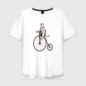 Мужская футболка хлопок Oversize с принтом Винтажный кот на велосипеде , 100% хлопок | свободный крой, круглый ворот, “спинка” длиннее передней части | art | cat | circus | fat cat | grand b | kitten | kitty | penny farthing | pennyfarthing | retro | vintage | арт | велосипед с большим колесом | винтаж | винтажный рисунок | котик | кошка | пенни фартинг | пеннифартинг | ретро | толстый кот |