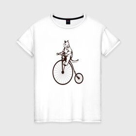 Женская футболка хлопок с принтом Винтажный кот на велосипеде , 100% хлопок | прямой крой, круглый вырез горловины, длина до линии бедер, слегка спущенное плечо | art | cat | circus | fat cat | grand b | kitten | kitty | penny farthing | pennyfarthing | retro | vintage | арт | велосипед с большим колесом | винтаж | винтажный рисунок | котик | кошка | пенни фартинг | пеннифартинг | ретро | толстый кот |