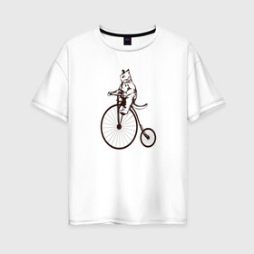 Женская футболка хлопок Oversize с принтом Винтажный кот на велосипеде , 100% хлопок | свободный крой, круглый ворот, спущенный рукав, длина до линии бедер
 | art | cat | circus | fat cat | grand b | kitten | kitty | penny farthing | pennyfarthing | retro | vintage | арт | велосипед с большим колесом | винтаж | винтажный рисунок | котик | кошка | пенни фартинг | пеннифартинг | ретро | толстый кот |