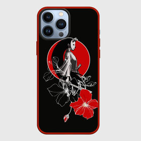 Чехол для iPhone 13 Pro Max с принтом Девушка кошка самурай ,  |  | Тематика изображения на принте: catgirl | алые цветы | аниме | бакэнэко | девушка кошка | кошачьи уши | маска | нэко | онна бугэйся | самурай | цветы | япония