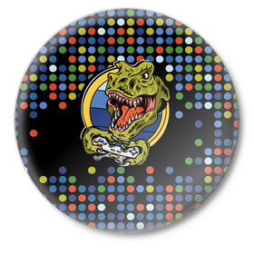 Значок с принтом Динозавр-игрок ,  металл | круглая форма, металлическая застежка в виде булавки | видеоигры | динозавр | игра | монстр | приставка | шарики