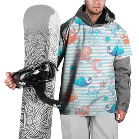 Накидка на куртку 3D с принтом Морские жители , 100% полиэстер |  | whale | белый кит | звезда | кит | киты | конек | краб | медуза | морские | осьминог | паттерн | синий кит