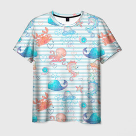 Мужская футболка 3D с принтом Морские жители , 100% полиэфир | прямой крой, круглый вырез горловины, длина до линии бедер | whale | белый кит | звезда | кит | киты | конек | краб | медуза | морские | осьминог | паттерн | синий кит
