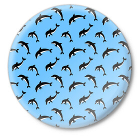 Значок с принтом Дельфины ,  металл | круглая форма, металлическая застежка в виде булавки | dolphin | дельфин | дельфины | море | морские | на голубом | с дельфином