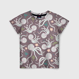 Детская футболка 3D с принтом Осьминоги , 100% гипоаллергенный полиэфир | прямой крой, круглый вырез горловины, длина до линии бедер, чуть спущенное плечо, ткань немного тянется | cute | octopus | милый | морское | осьминог | осьминожка | паттерн | тентакли | щупальца