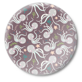 Значок с принтом Осьминоги ,  металл | круглая форма, металлическая застежка в виде булавки | cute | octopus | милый | морское | осьминог | осьминожка | паттерн | тентакли | щупальца