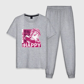 Мужская пижама хлопок с принтом Happy Sad Anime Girl Kanji , 100% хлопок | брюки и футболка прямого кроя, без карманов, на брюках мягкая резинка на поясе и по низу штанин
 | anime | chibi | cute | girls | happiness | im happy | japan | japanese | kawaii | manga | waifu | анимешник | анимешница | грусть | девочки | девушки | иероглифы | кандзи | лица | манга | настроение | рисунок в стиле аниме | счастье | типичная 