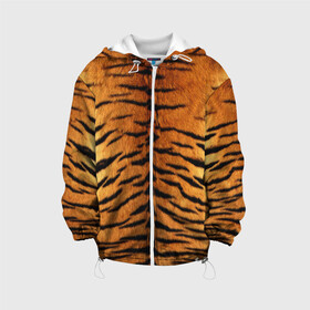 Детская куртка 3D с принтом Шкура Тигра , 100% полиэстер | застежка — молния, подол и капюшон оформлены резинкой с фиксаторами, по бокам — два кармана без застежек, один потайной карман на груди, плотность верхнего слоя — 90 г/м2; плотность флисового подклада — 260 г/м2 | Тематика изображения на принте: animal | skin | tiger | раскрас | тигр